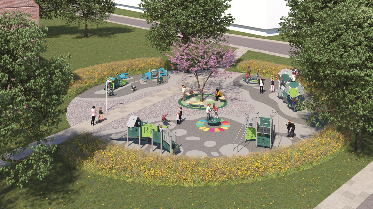 Udendørs legeplads lavet af plastaffald fra hospitaler