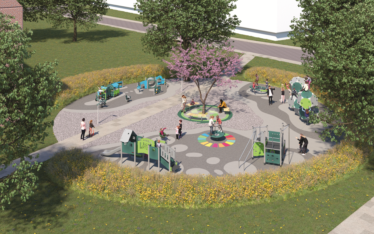 Udendørs legeplads lavet af plastaffald fra hospitaler