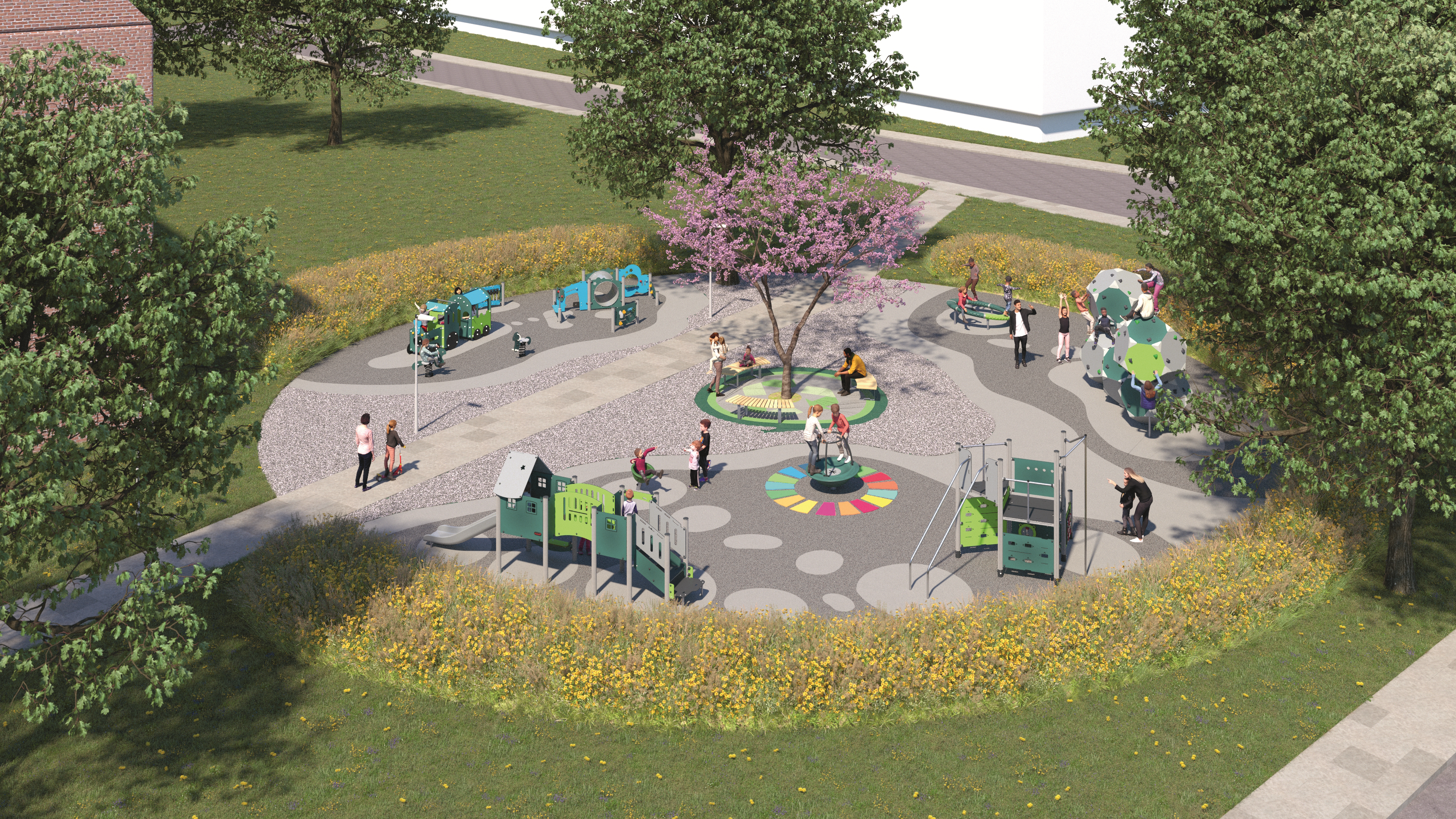 Udendørs legeplads lavet af plastaffald fra hospitaler