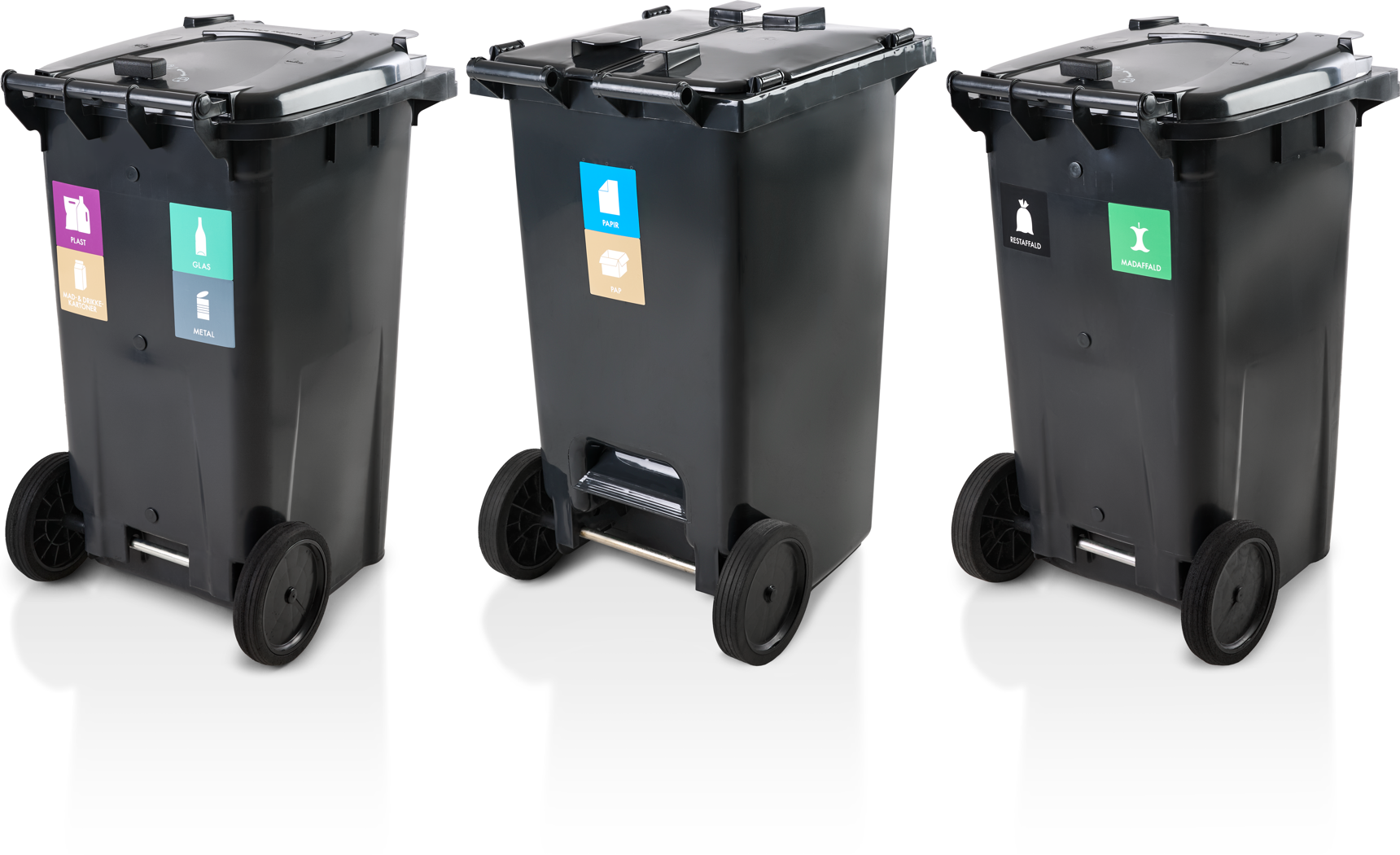 Tre affaldsbeholdere til husholdningsaffald