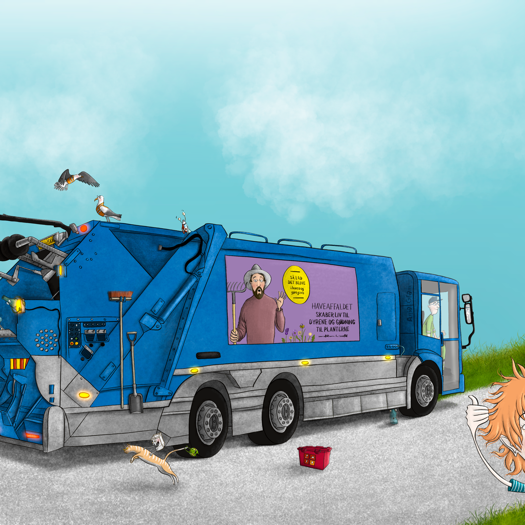 Illustration af skraldebil